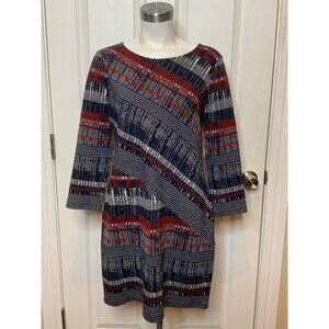 BCBG Max Azria Verena Navy Blue, White & Red Patterned Shift Dress, Size M
